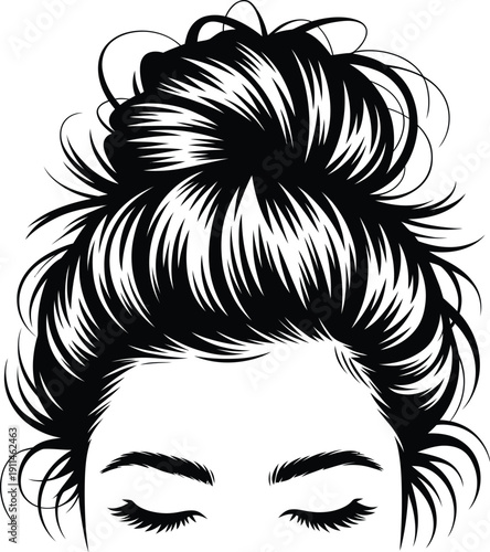 Black and white illustration of womans face with closed eyes and messy bun hair