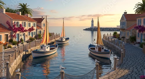 Luxury Yacht Sailing Near Coastal City at Sunset