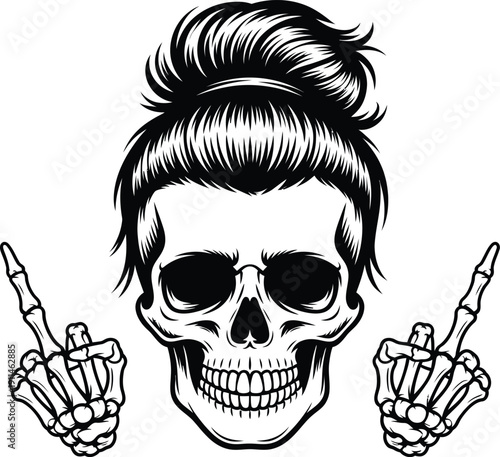 A black and white illustration of a skull with a bun hairstyle giving the finger
