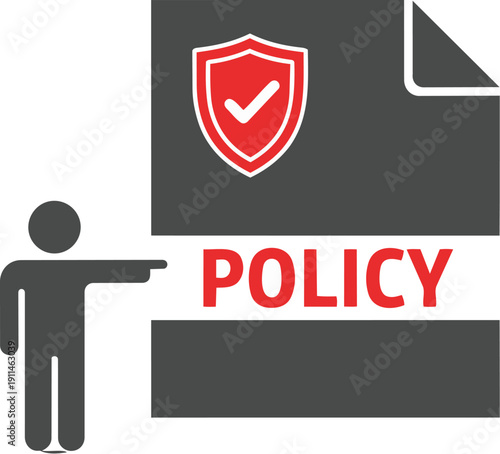 A person pointing to a document with a shield and policy text