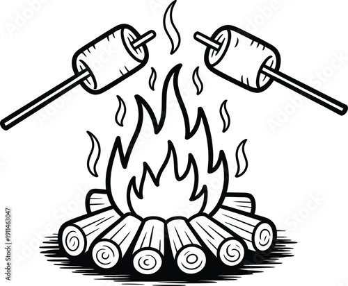 A black and white illustration of marshmallows being roasted on sticks over a campfire