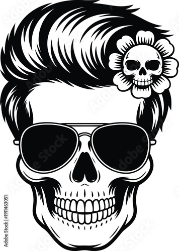 A black and white illustration of a skull wearing sunglasses and a flower with a skull in its hair