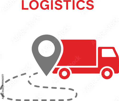 Logistics concept with red truck and map pin