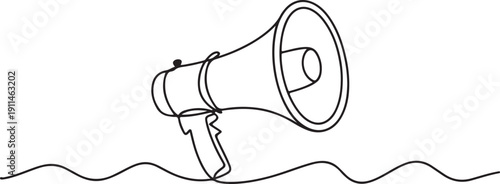 continuous line art drawing of megaphone on wavy line communication concept vector illustration