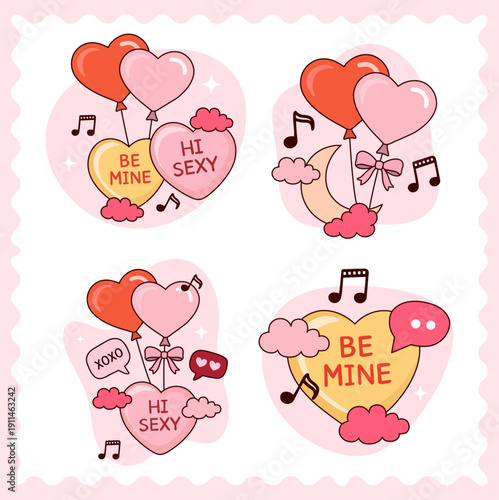 Set of Valentine’s Day Love & Romance Flat Vector Illustration Designs, Candy Hearts with Romantic Messages and Balloons