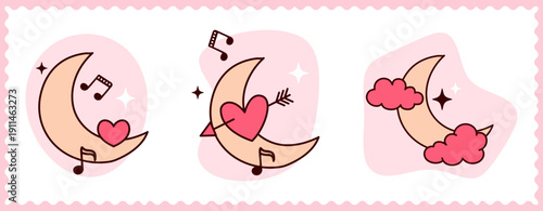 Romantic Crescent Moon with Heart, Clouds, and Music Notes, Valentine’s Day Flat Vector Illustrations