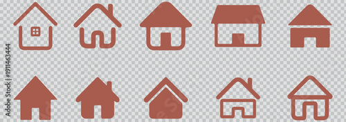 Collection of various house and building icons in different styles and shapes on white background