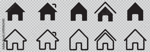 Collection of various house and building icons in different styles and shapes on white background