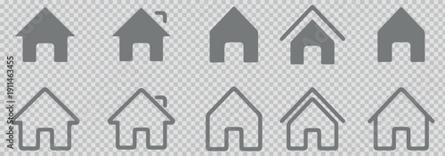 Collection of various house and building icons in different styles and shapes on white background