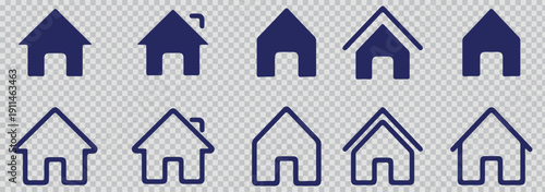 Collection of various house and building icons in different styles and shapes on white background
