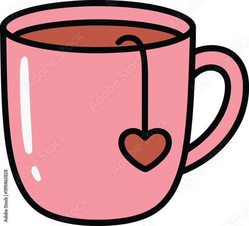 A pink cartoon mug with a heart shaped tea infuser inside