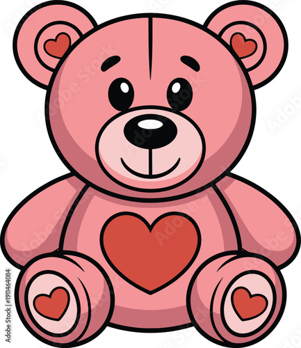 Cute pink teddy bear with hearts on body and face for valentines day or love themed designs and decorations