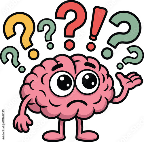 A cartoon pink brain character with question marks and an exclamation point on looking confused