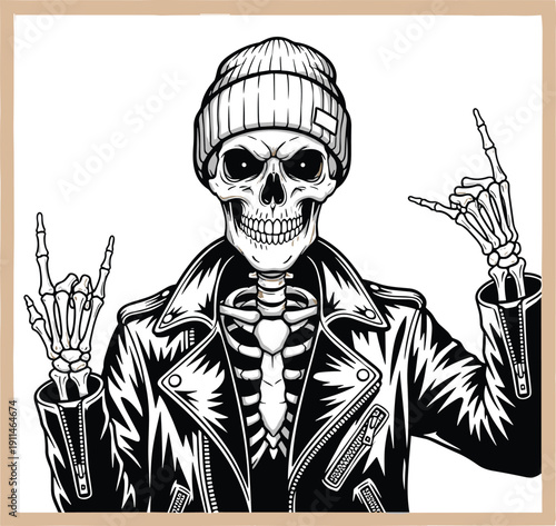 Cool skeleton wearing leather biker jacket and beanie hat, rock on hand gesture sign, vintage black and white vector illustration.