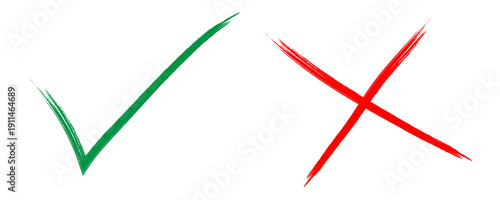 Εκτύπωση καμβά Green check mark and red cross x hand drawn grunge brush strokes isolated on a t