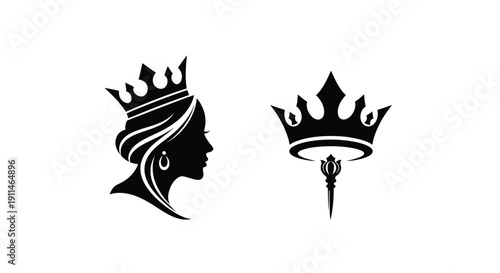 Elegant royal silhouettes of a woman and crown black design silhouette