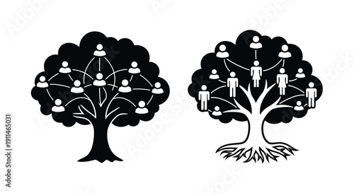 Two trees with people in their branches a striking silhouette