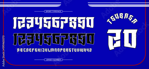 Angular techno sport font inspired by Japanese national team jerseys, featuring sharp geometric cuts and bold athletic style.