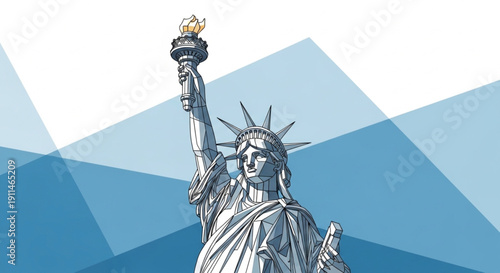An artistic representation of the Statue of Liberty using a geometric, low-poly style with a blue and white background.