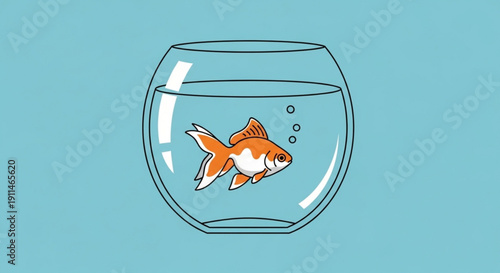 A single goldfish swimming in a clear glass bowl isolated on a blue background representing pet ownership and simple aquatic life