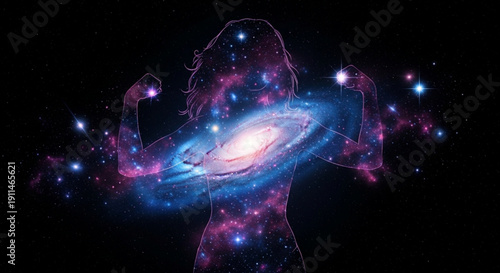 Woman's silhouette filled with vibrant galaxy swirl stars and cosmic dust in space