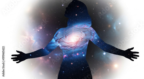 Silhouette of a woman with arms outstretched galaxy inside her body starry night sky background cosmic spiritual mystical celestial abstract glowing colorful vibrant dreamy