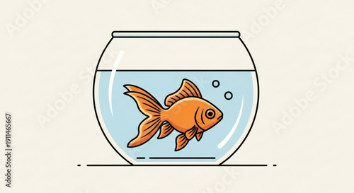 Single goldfish swimming in a round glass bowl simple flat vector illustration for pet care or aquatic themes isolated on a light background