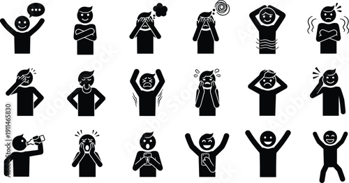 Human emotion icons set, stick figure feelings collection, stress anxiety happy sad reactions, social media expressions, black silhouette vector illustration pack