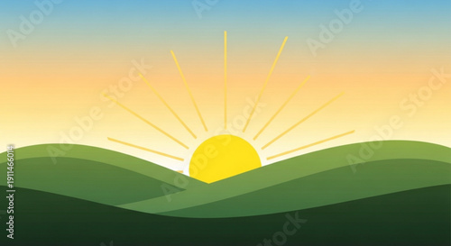 Sunrise over rolling green hills a bright sunburst with warm gradient sky representing new beginnings and hope vector illustration