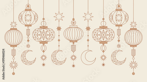 An elegant illustration showcases a series of ornate hanging lanterns and celestial motifs including crescent moons and stars in warm tones high quality professional detailed modern