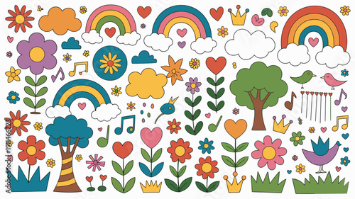 A vibrant collection of colorful cartoon stickers featuring rainbows flowers hearts trees crowns and musical notes on a white background high quality professional detailed modern elegant