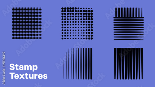 This image displays a collection of four distinct textural patterns and one text label showcasing varying densities and orientations of dots and lines high quality professional