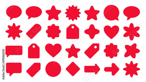 A collection of vibrant red speech bubbles stars hearts and geometric shapes are arranged on a clean white background high quality professional detailed modern elegant stylish