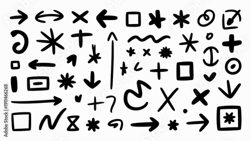 A collection of hand drawn black symbols and shapes are scattered across a plain white background including arrows stars and geometric forms high quality professional detailed
