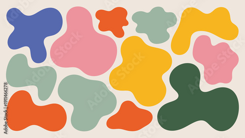 An abstract arrangement of colorful amoeba like shapes fills the frame utilizing a playful palette and organic forms against a cream background high quality professional detailed