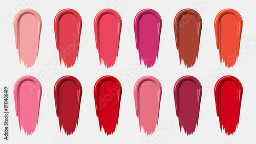 A collection of ten lipstick shades are displayed in a grid showcasing various tones of pink red and brown for cosmetic options high quality professional detailed