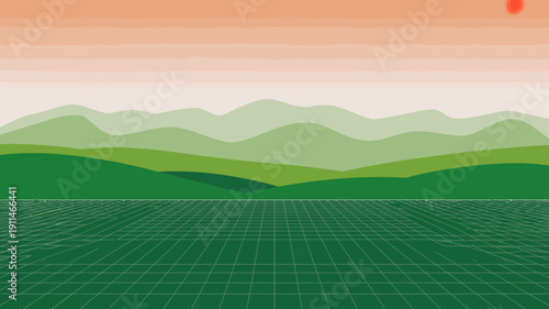 A minimalist landscape depicts rolling green hills meeting a grid patterned field under a gradient orange and pink sky with a sun high quality professional detailed