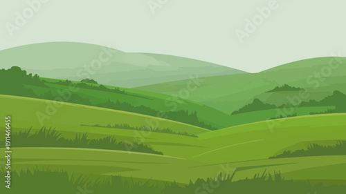A serene landscape illustration depicts rolling green hills and fields rendered in a flat vector style creating a peaceful and calming visual high quality professional detailed