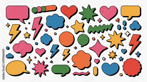 A vibrant collection of colorful cartoon graphics including speech bubbles stars hearts and lightning bolts scattered against a white background high quality professional detailed modern elegant