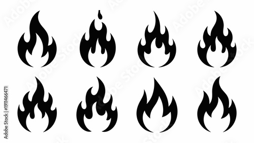 A collection of eight stylized black flame icons are displayed against a white background showcasing diverse flame shapes and sizes high quality professional detailed modern elegant