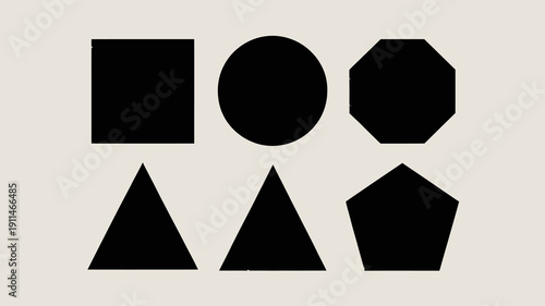 A minimalist composition displays six black geometric shapes against a beige background a square circle hexagon triangle and pentagon high quality professional detailed modern elegant stylish