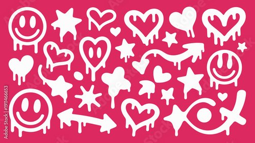 A vibrant red background displays an assortment of white dripping cartoon graphics including smiley faces hearts stars and arrows high quality professional detailed modern elegant stylish