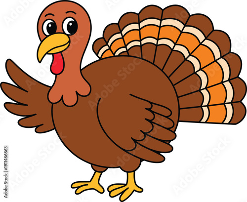 A cartoon illustration of a brown turkey standing for thanksgiving