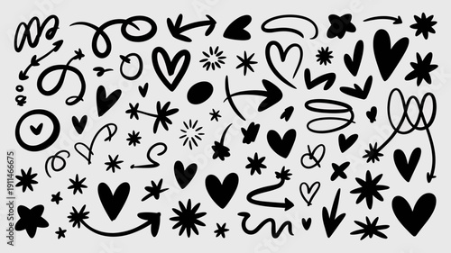 A collection of hand drawn black doodle shapes fills the frame including hearts arrows stars and swirling lines on a white background high quality professional detailed