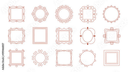 A collection of delicate reddish brown line art frames in various geometric shapes arranged in a grid pattern on a white background high quality professional detailed