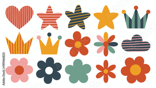 A colorful collection of playful shapes and icons including hearts stars flowers and crowns arranged in a neat grid pattern high quality professional detailed modern elegant