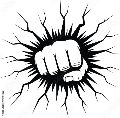A black and white illustration of a clenched fist punching through a cracked surface