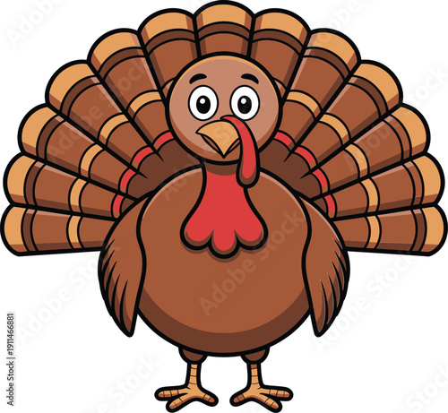 A cartoon illustration of a brown turkey standing for thanksgiving