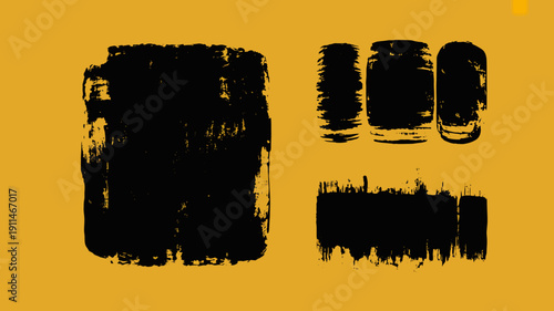An abstract composition features dark brushstroke like shapes against a solid warm golden yellow background creating a minimalist aesthetic high quality professional detailed modern elegant stylish
