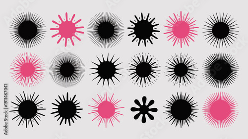 An arrangement of abstract circular designs in black and pink featuring radiating lines and varying levels of detail high quality professional detailed modern elegant stylish clean